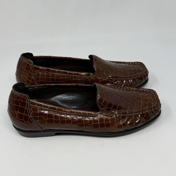 SAS Joy Loafers Womens 6.5 W Wide Brown Leather Croc Slip On Casual Comfort USA - Picture 3 of 15
